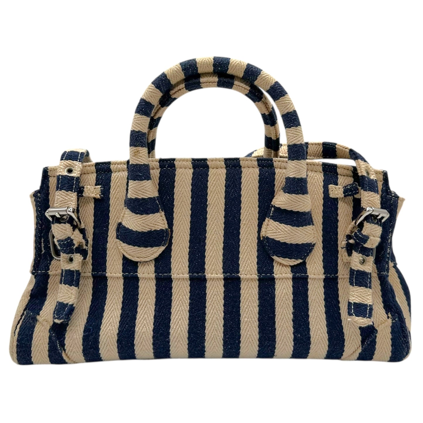 Tsuru Navy Ivory Striped Rhinestone Firkin Bag
