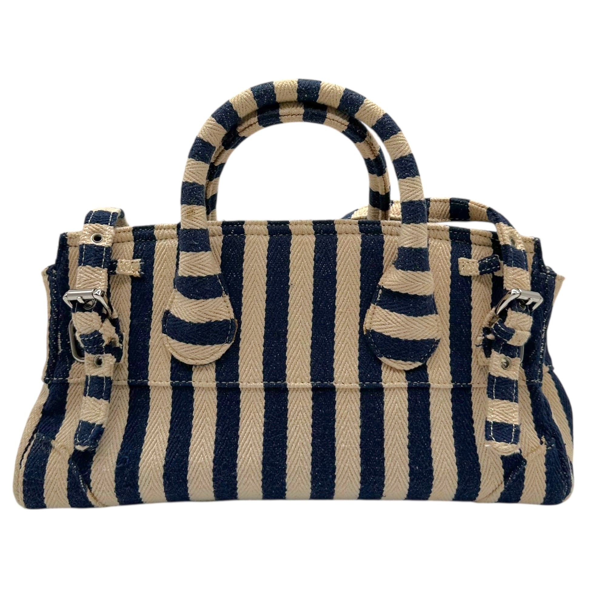 Tsuru Navy Ivory Striped Rhinestone Firkin Bag