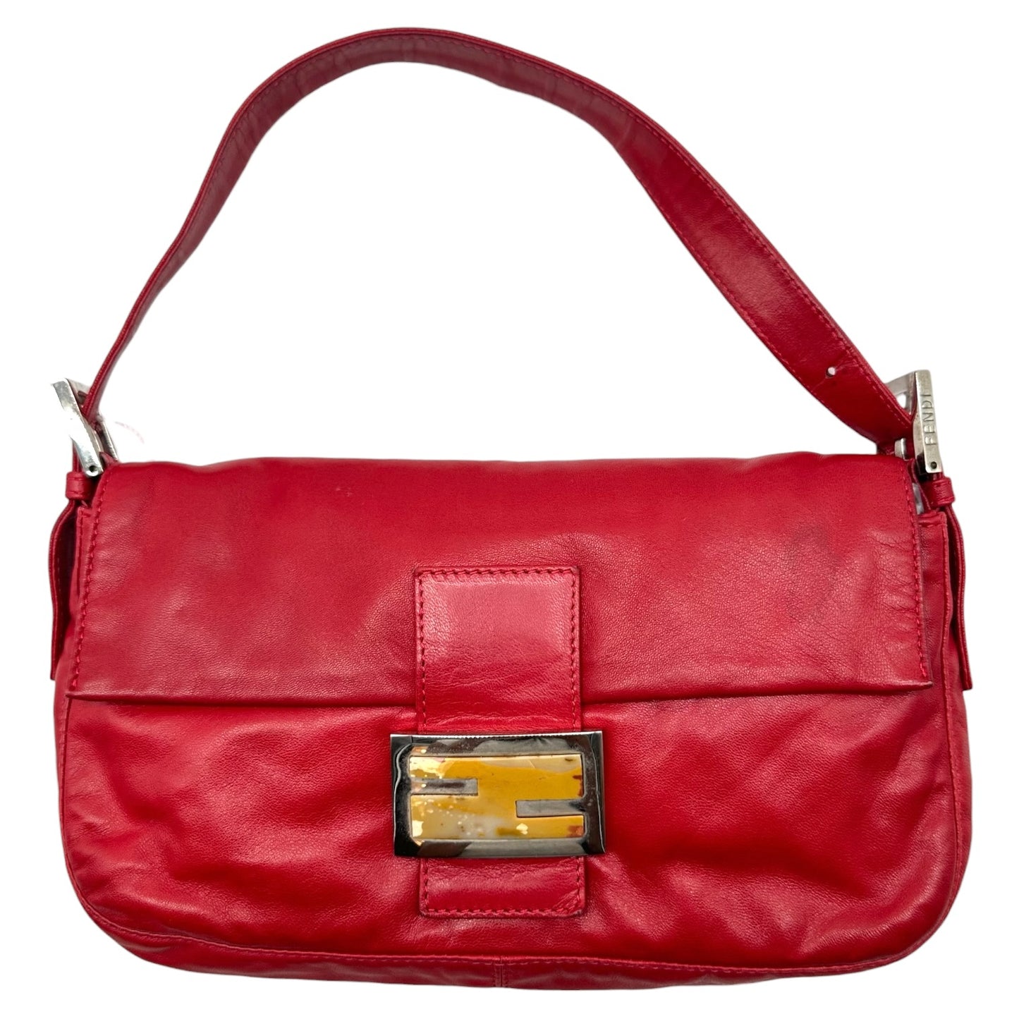 Fendi Red Leather Baguette Shoulder Bag with Yellow Stone