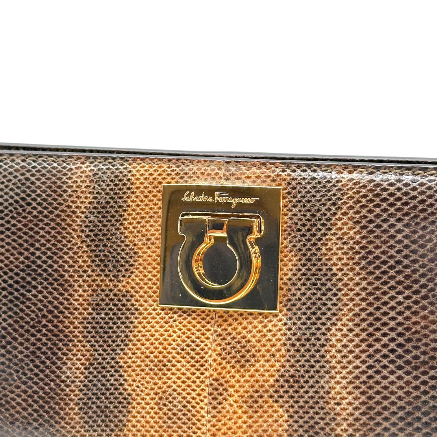 Ferragamo Brown Gold Lizard Skin 2-Way Clutch Bag
