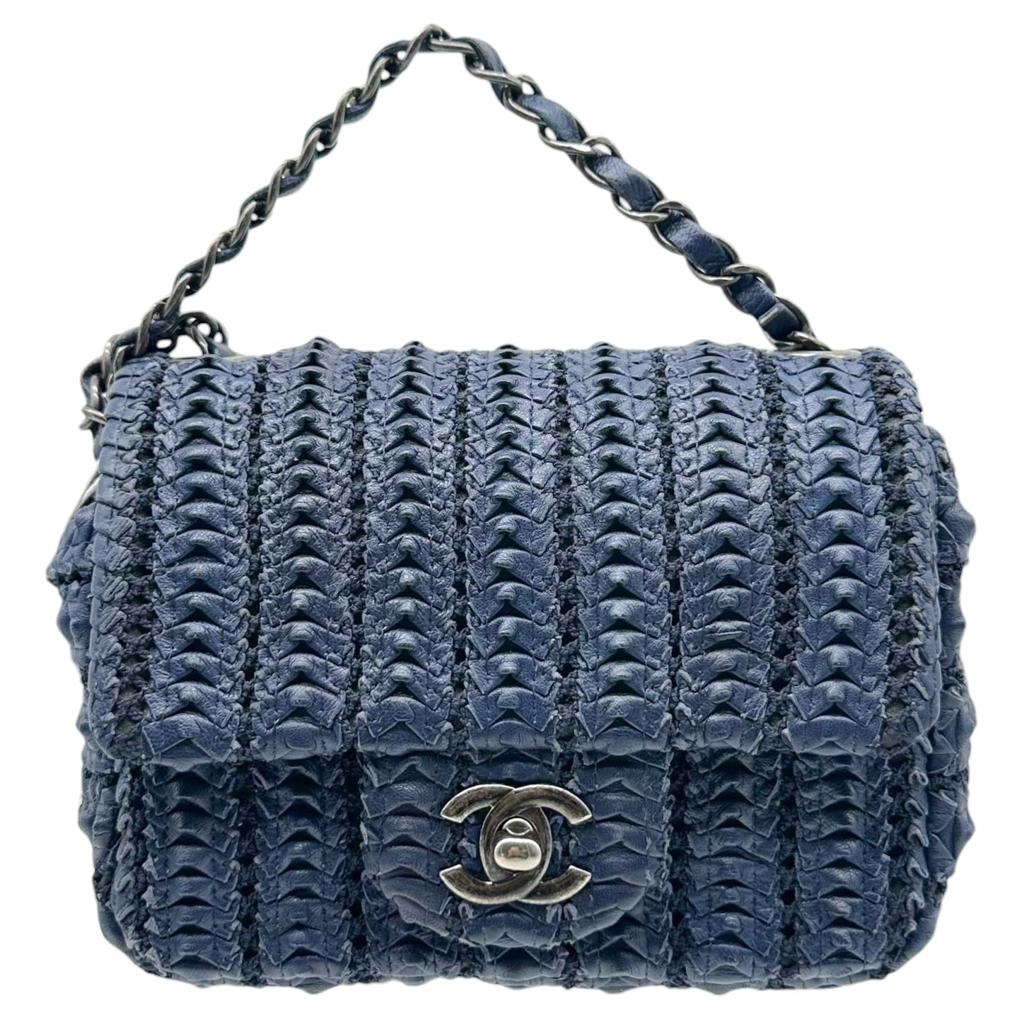 Chanel Small Square Flap Bag Navy Blue Woven Leather