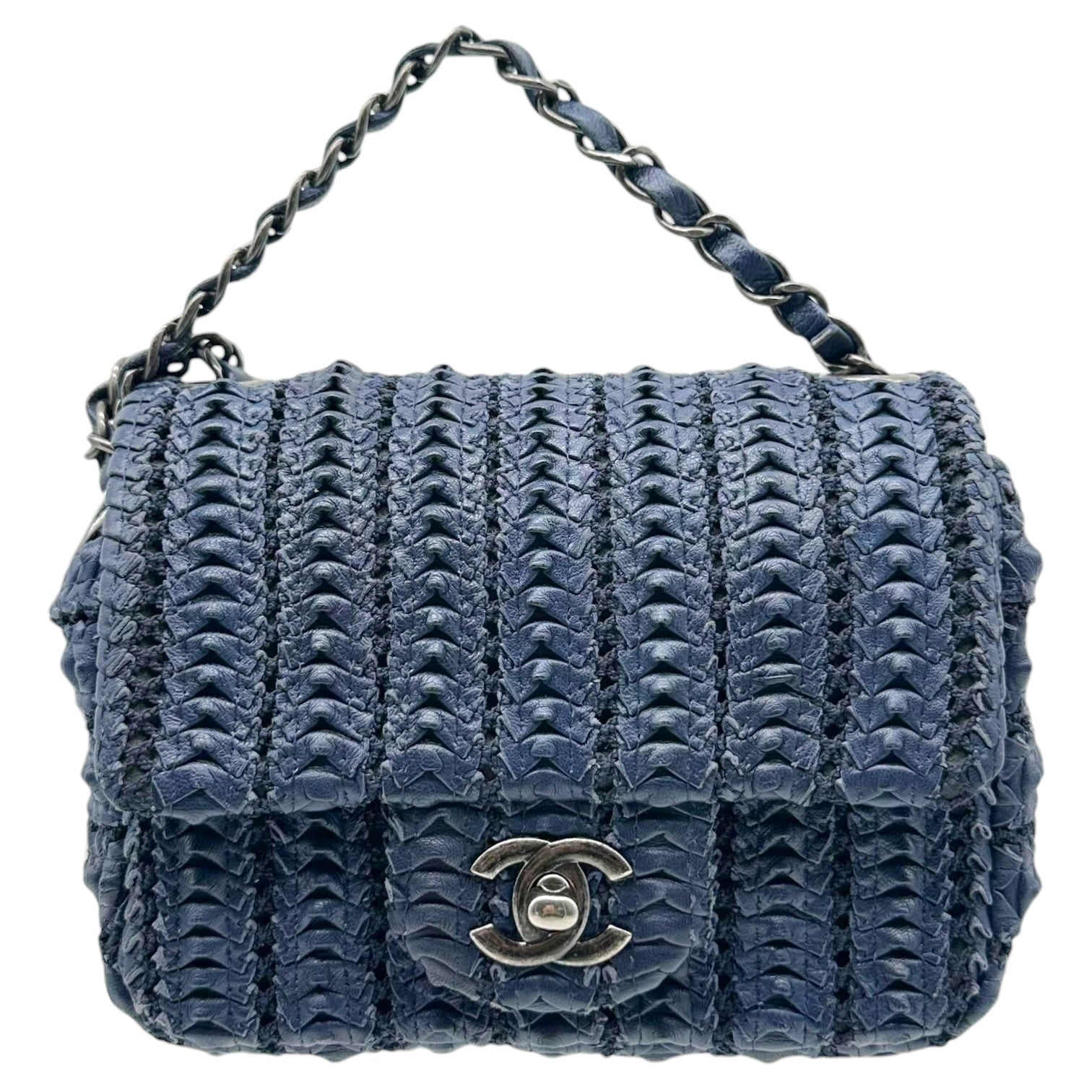Chanel Small Square Flap Bag Navy Blue Woven Leather