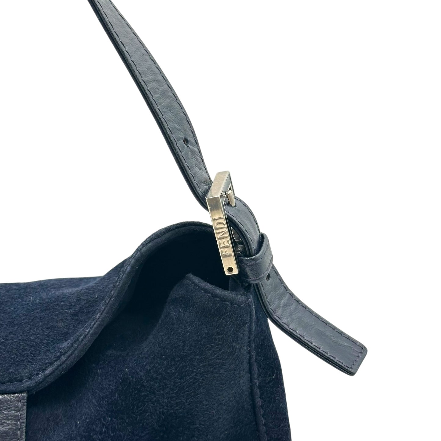 Fendi Navy Blue Suede Fold-Over Baguette Bag