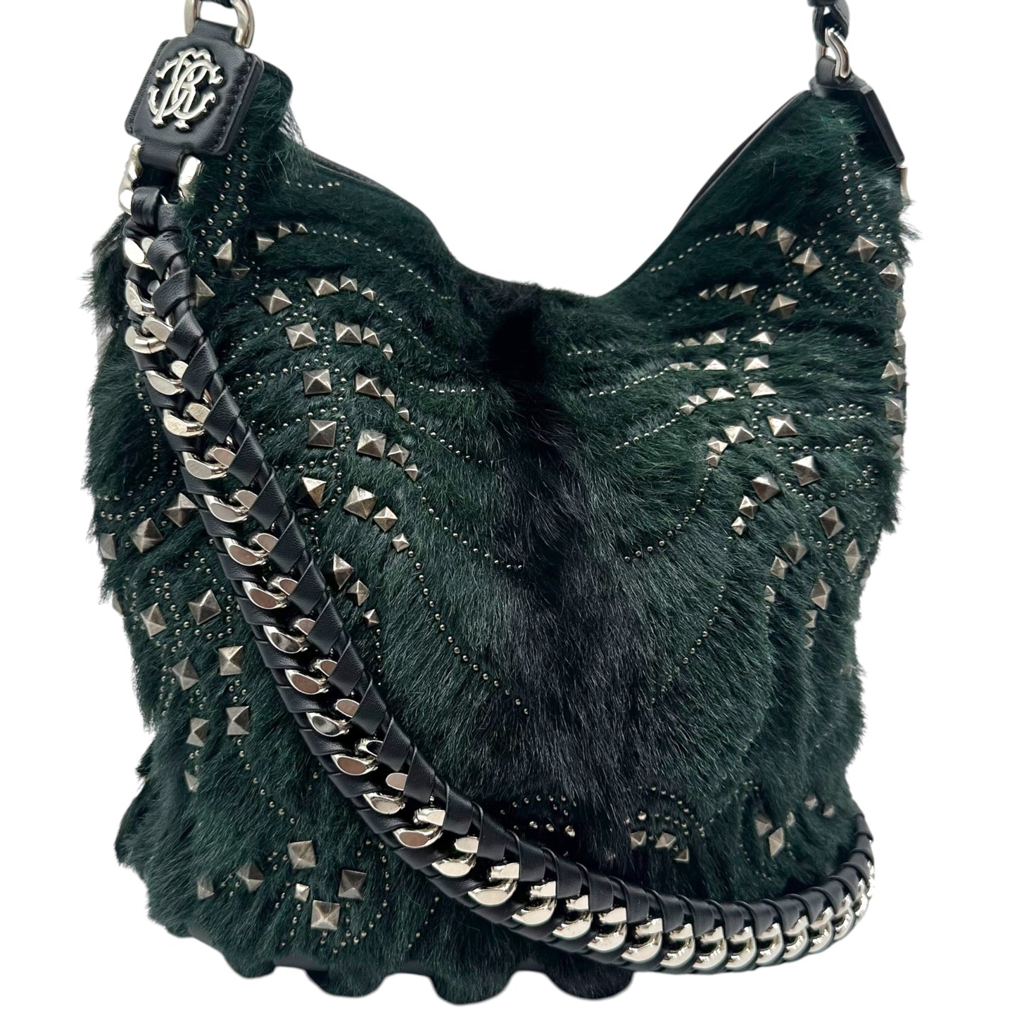 Roberto Cavalli F/W 2005 Dark Green & Gunmetal Gray Studded 2-Way Fur Bucket Bag