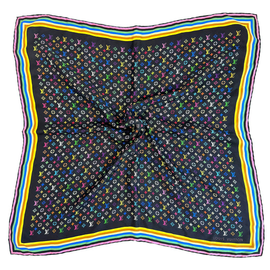 Louis Vuitton Silk Square Scarf Black Multicolor Murakami