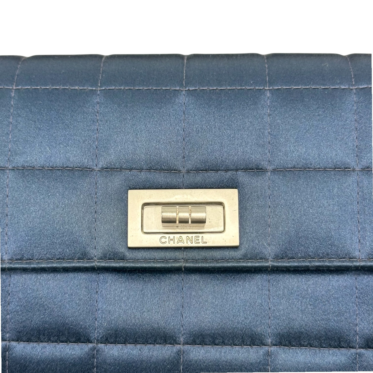 Chanel Blue Satin Quilted Wooden Handle Clutch Handbag