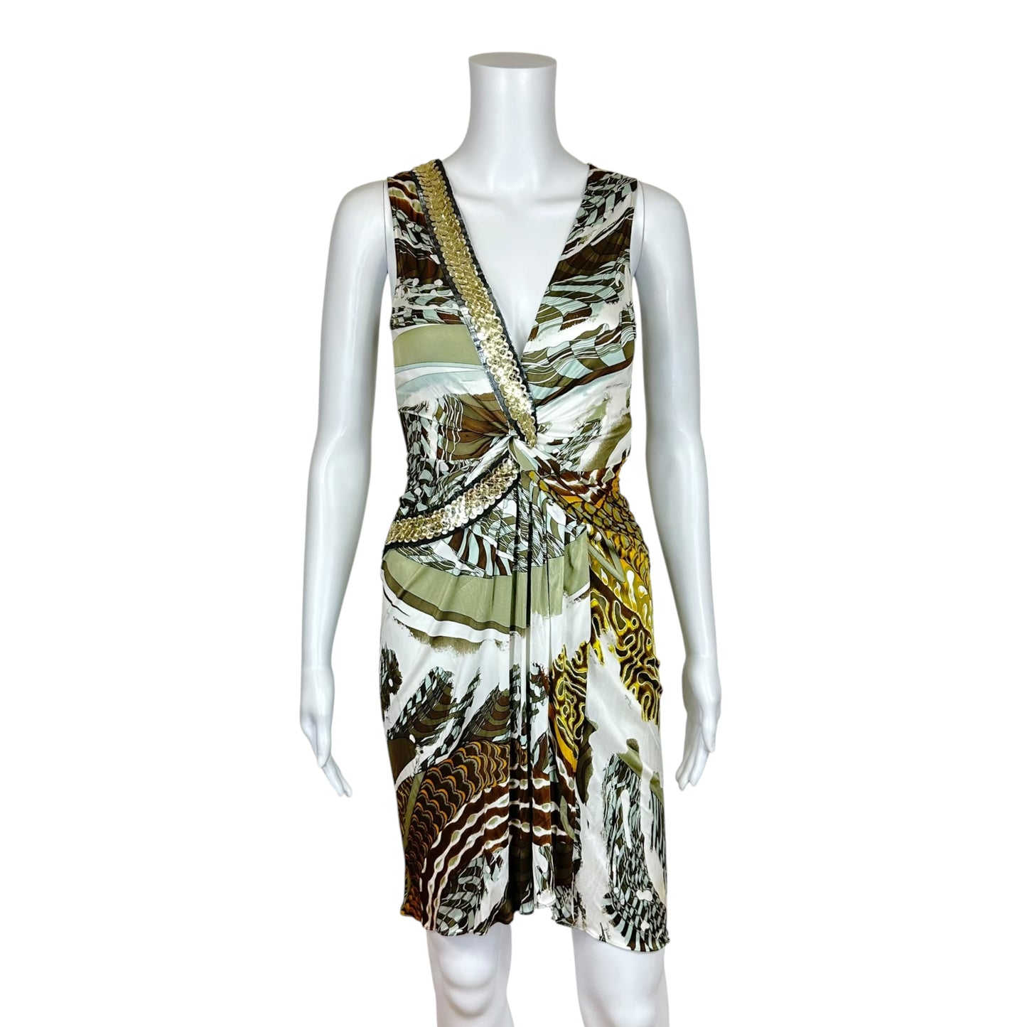 Emilio Pucci Green & Brown Printed Sequin Trim Wrap Dress