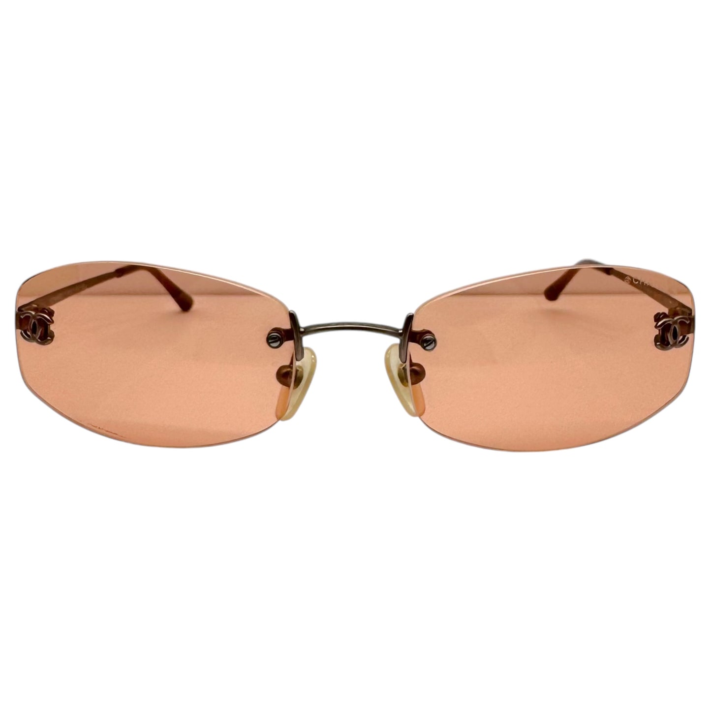 Chanel Rimless Oval Sunglasses Orange Silver Logo