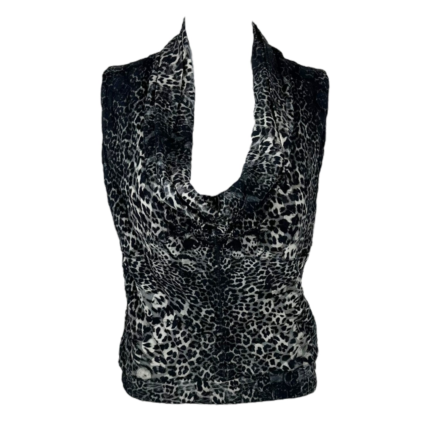 Jean Paul Gaultier Black Leopard Print Mesh Scoop Neck Blouse