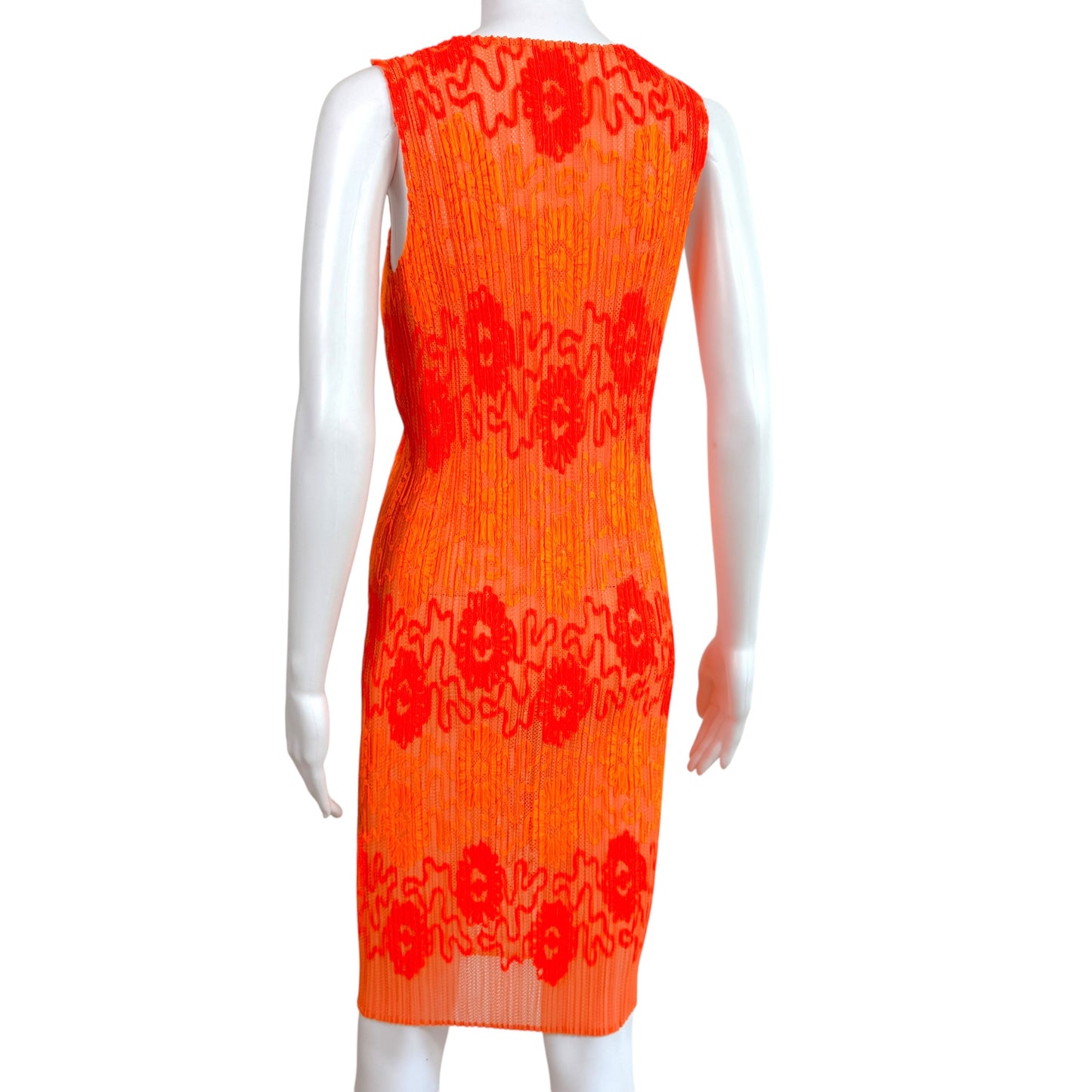 Issey Miyake Pleats Please Neon Orange Mesh & Floral Applique Pleated Sleeveless Midi Dress Sz 3