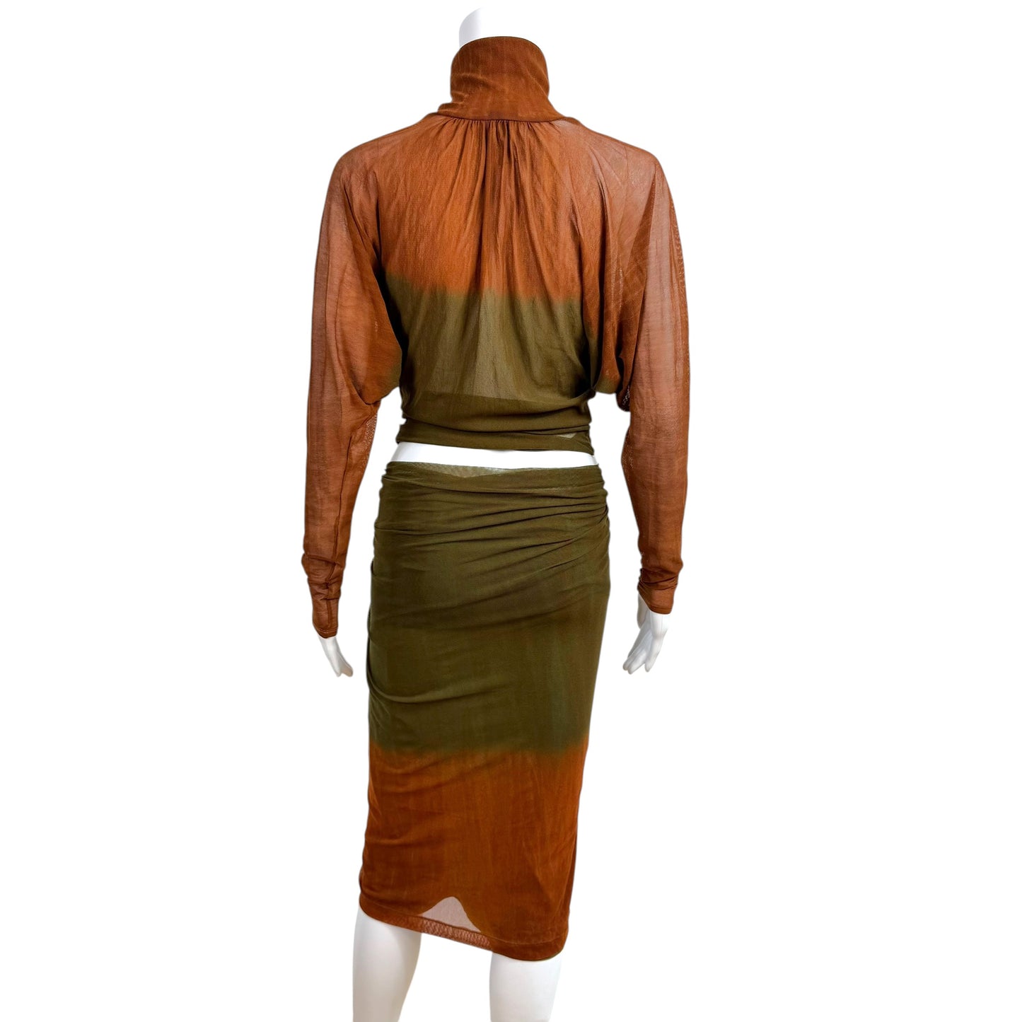 Plein Sud Sun Brown & Green Ombre Mesh Turtleneck Midi Skirt Set