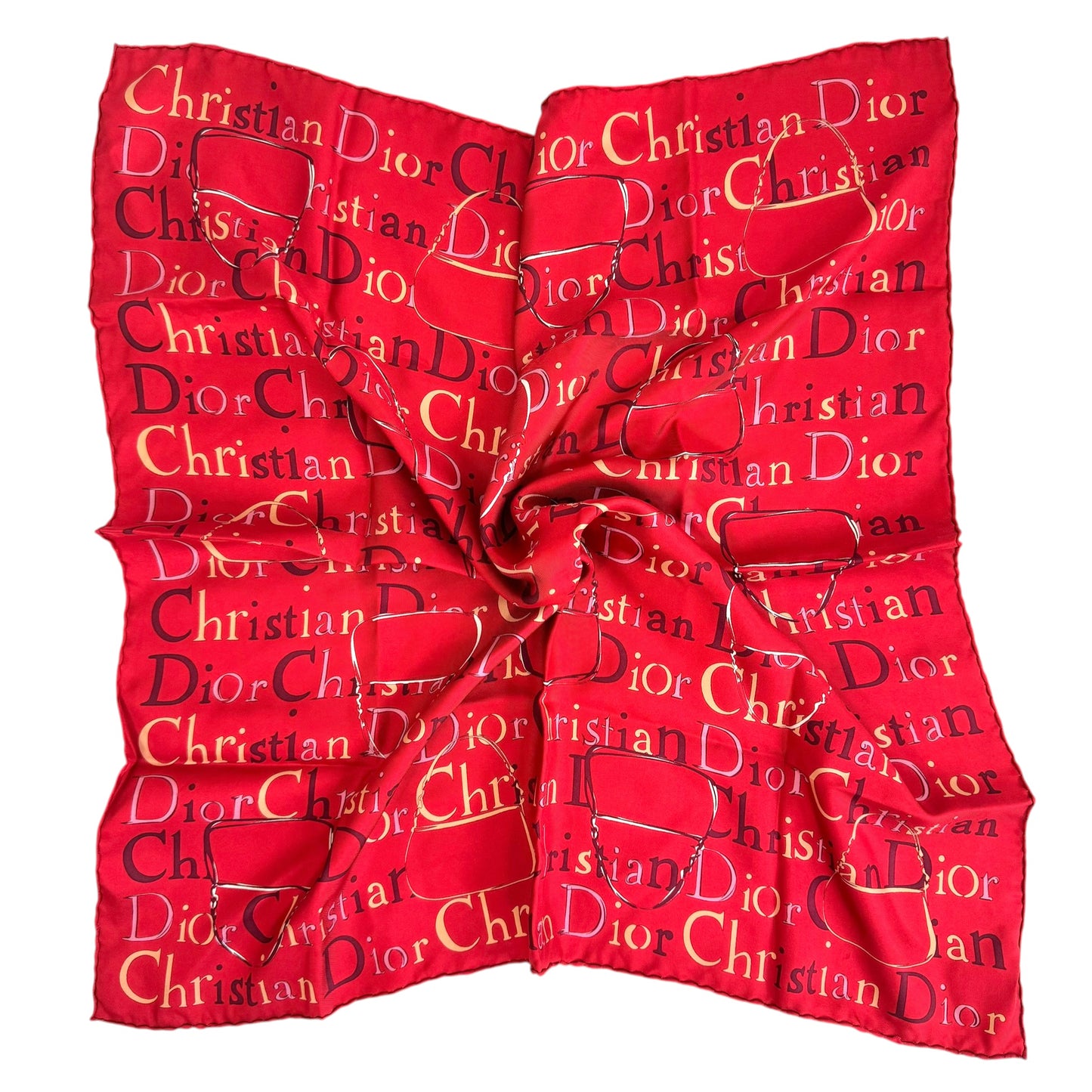 Christian Dior Red Logo & Malice Pearl Bag Print Silk Square Scarf