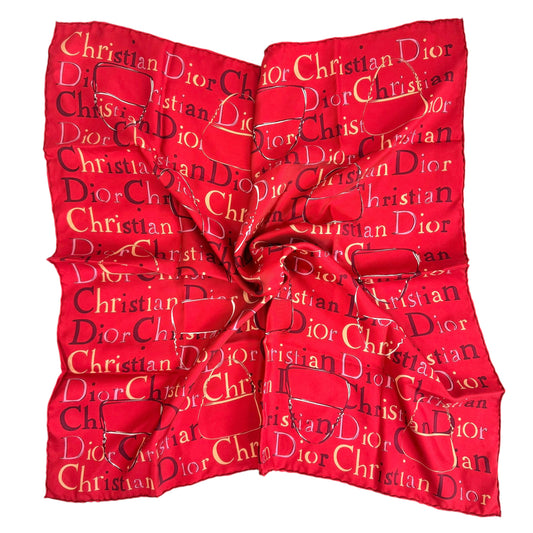 Christian Dior Red Silk Square Scarf with Logo Print