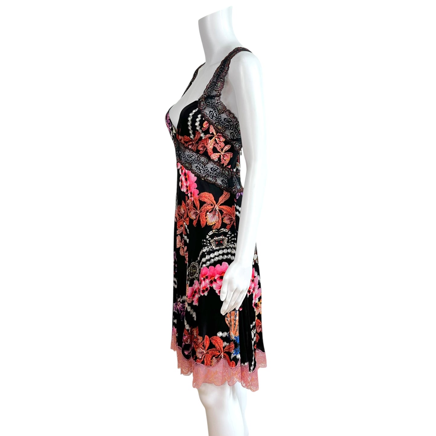 Roberto Cavalli Black Pink Floral Lace Trim Midi Dress