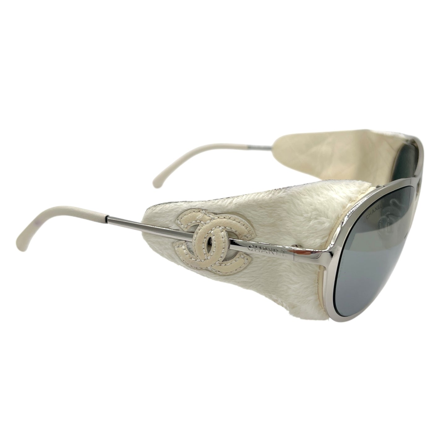 Chanel Silver & White Lambskin Detachable Side Aviator Sunglasses 50852A w/ Case RARE