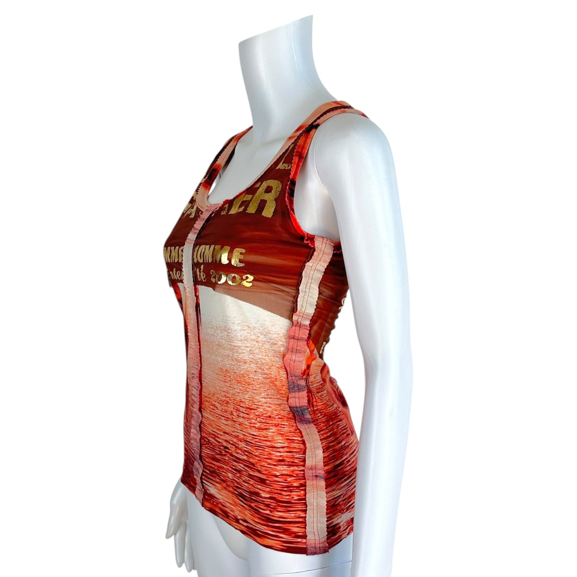 Jean Paul Gaultier Mesh Overlay Tank Orange Burgundy