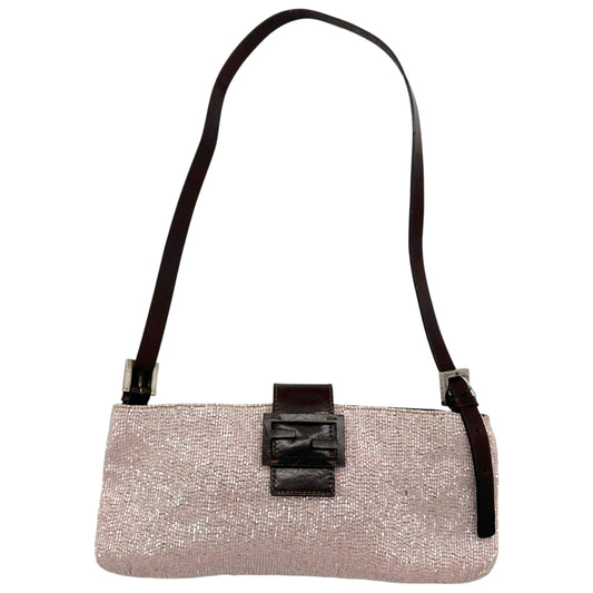 Fendi Crossbody Baguette Bag Light Pink Beaded Brown Leather