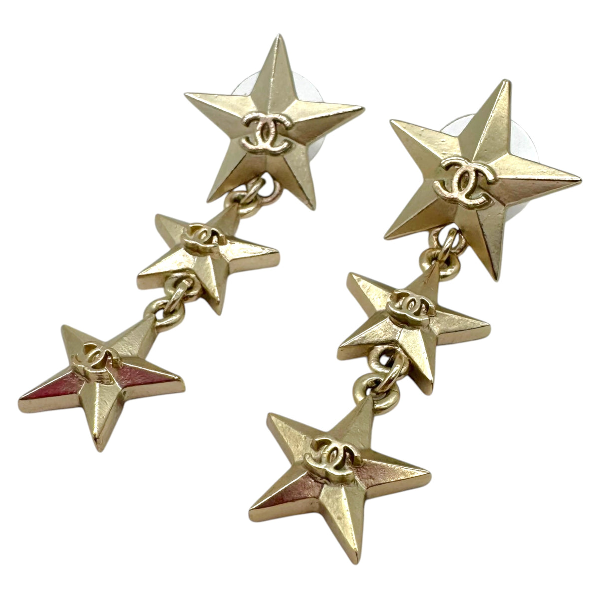 Chanel Silver Dangly CC Logo Star Earrings