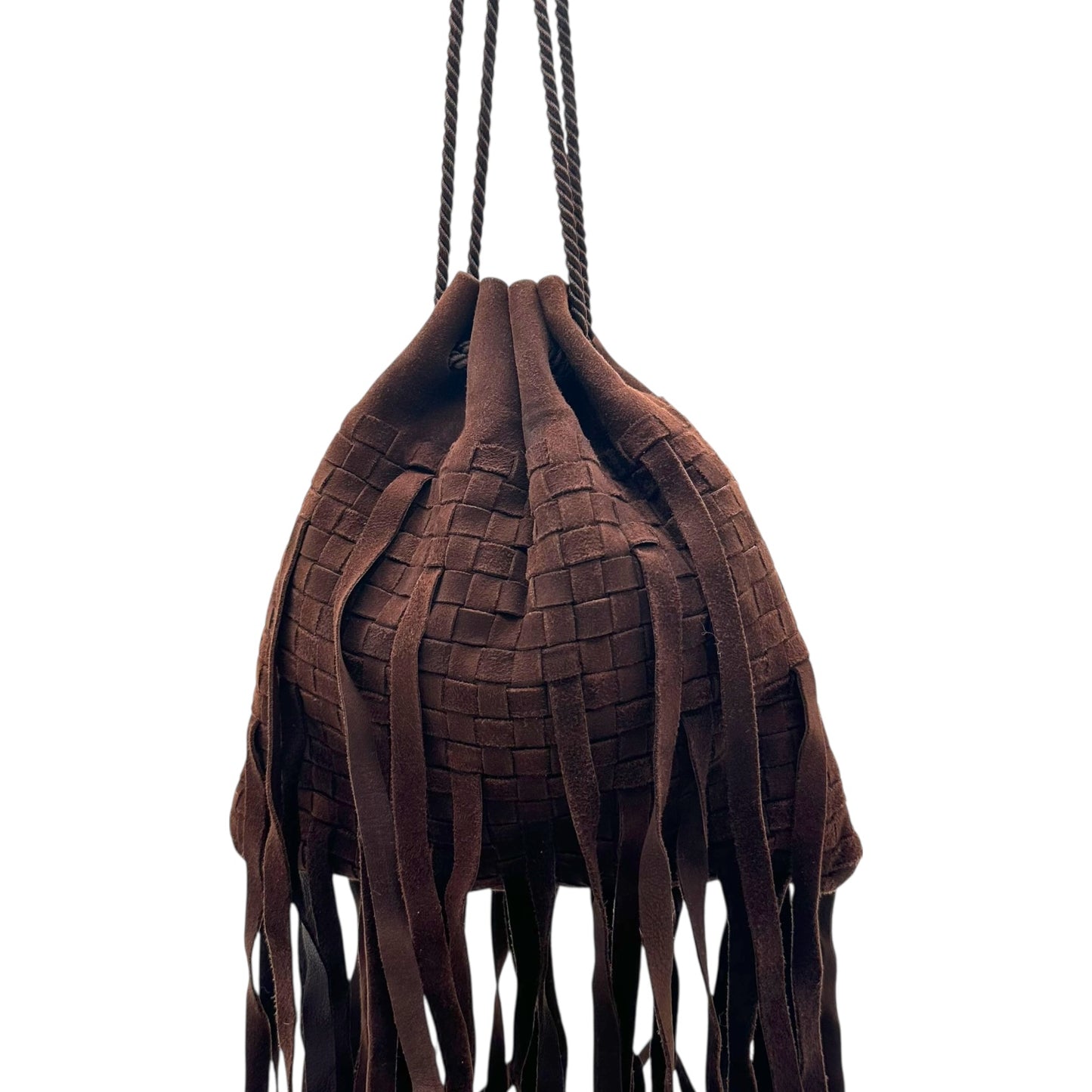 Bottega Veneta Brown Intrecciato Woven Suede Fringe Trim Clutch