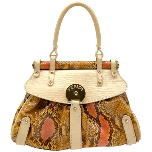 Fendi Brown & Pink Ivory Leather Trim Python Pequin Magic Handbag