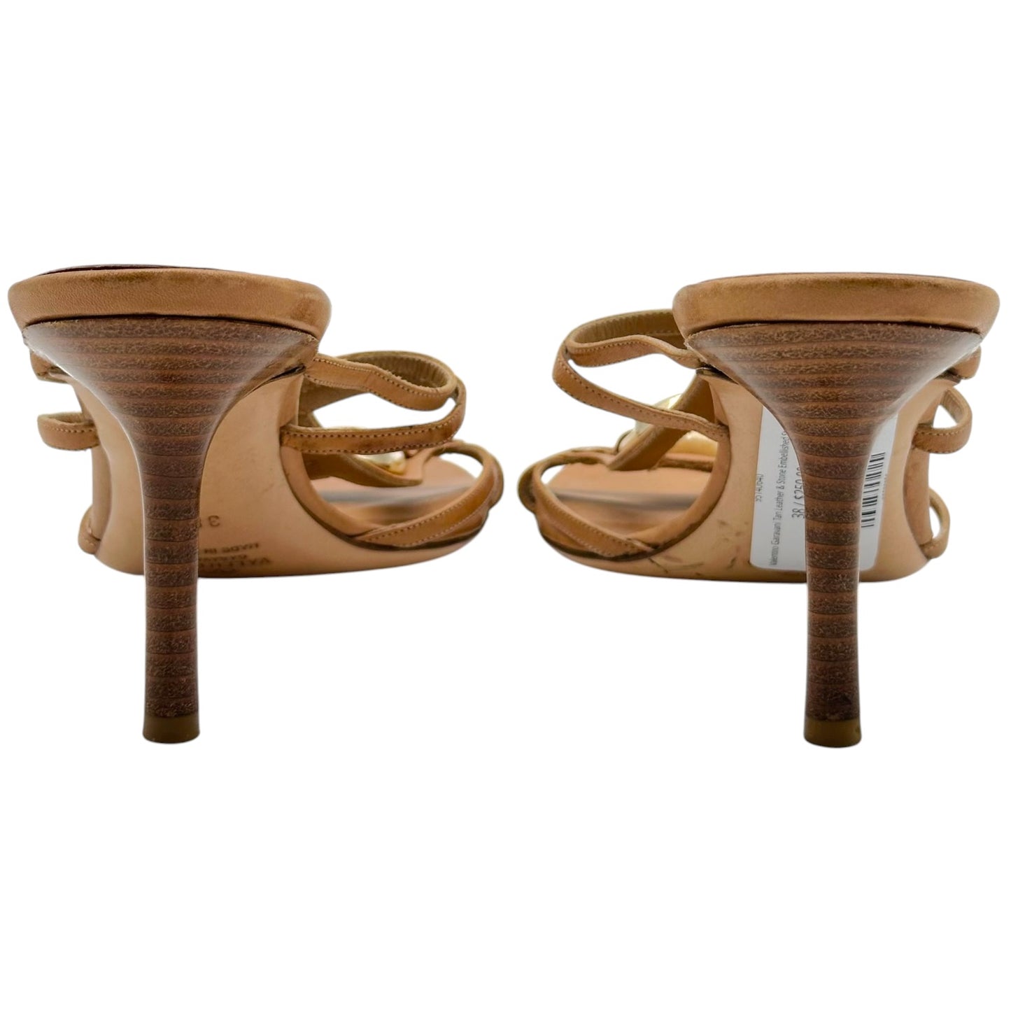 Valentino Garavani Tan Leather & Stone Embellished Strappy Mule Heels