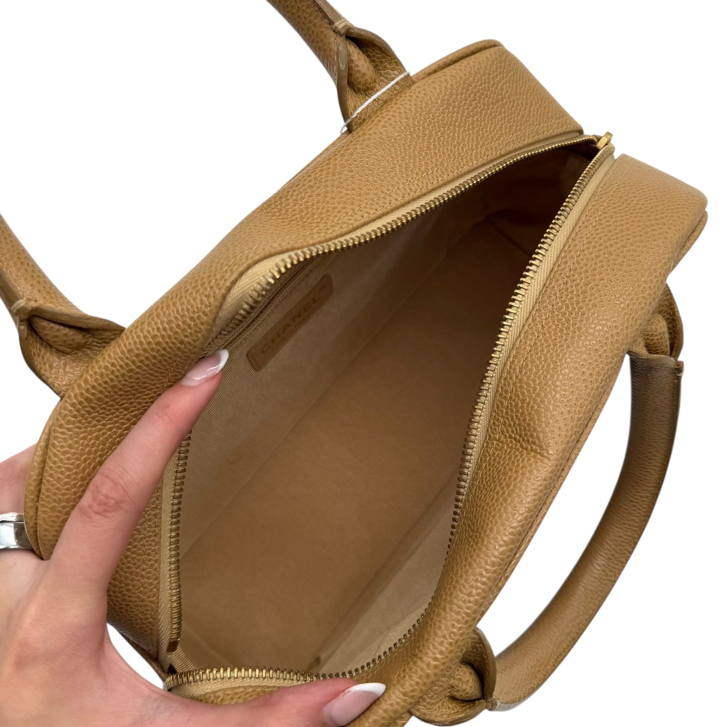 Chanel Matelasse Tan Caviar Leather CC Logo Mini Bowler Bag 2003-04 - Outfit Repeater