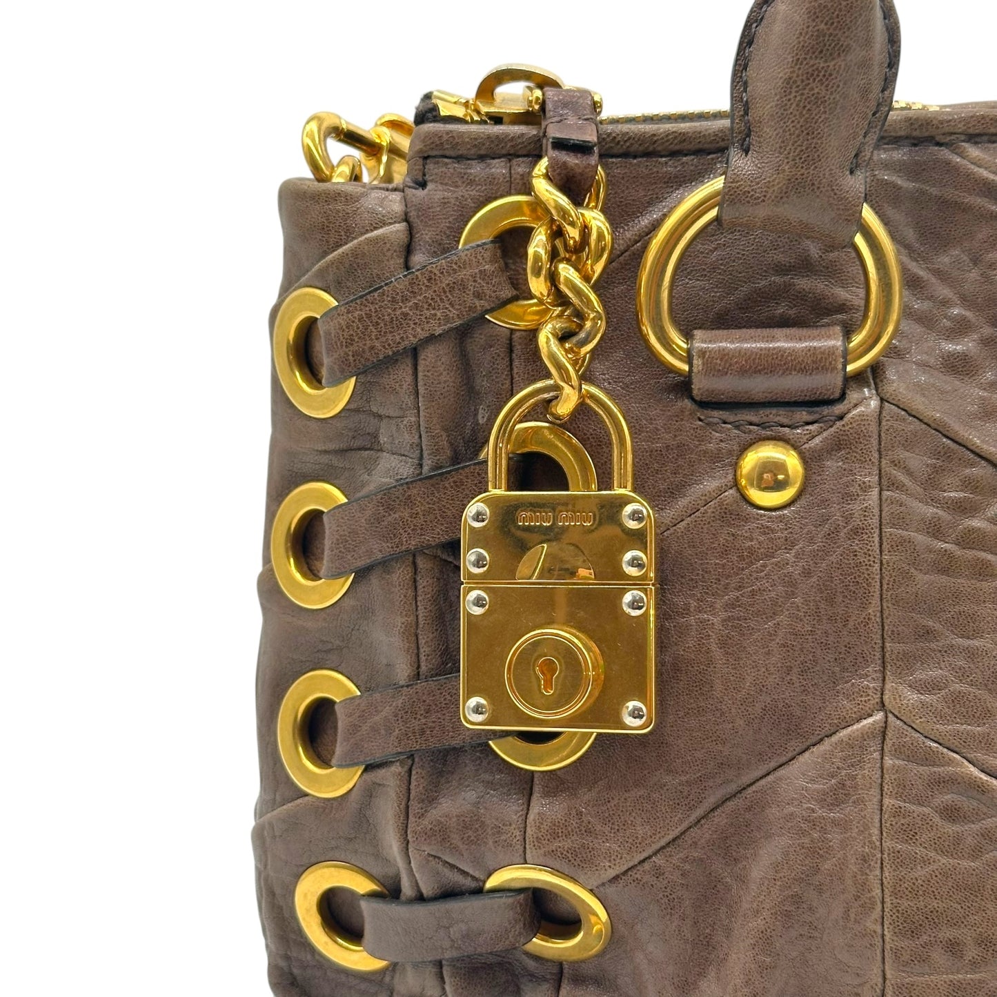 Miu Miu Brown Leather & Gold Rivet Studded 2-Way Bag