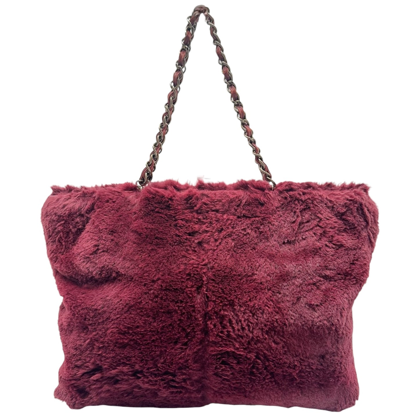 Chanel Burgundy Rabbit Fur Chain Strap Medium Shoulder Tote Bag 2000-03