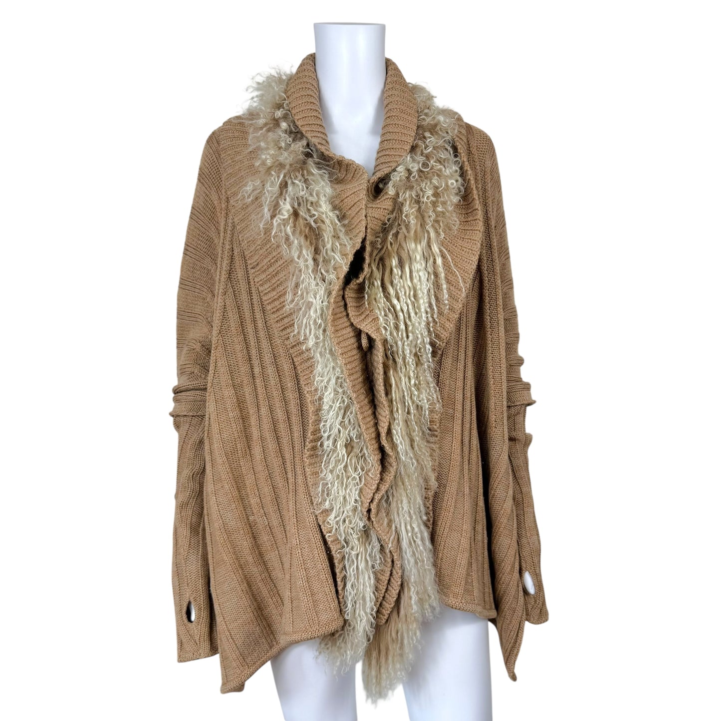 Roberto Cavalli Class Tan Mongolian Sheep Fur Trim Oversized Cardigan