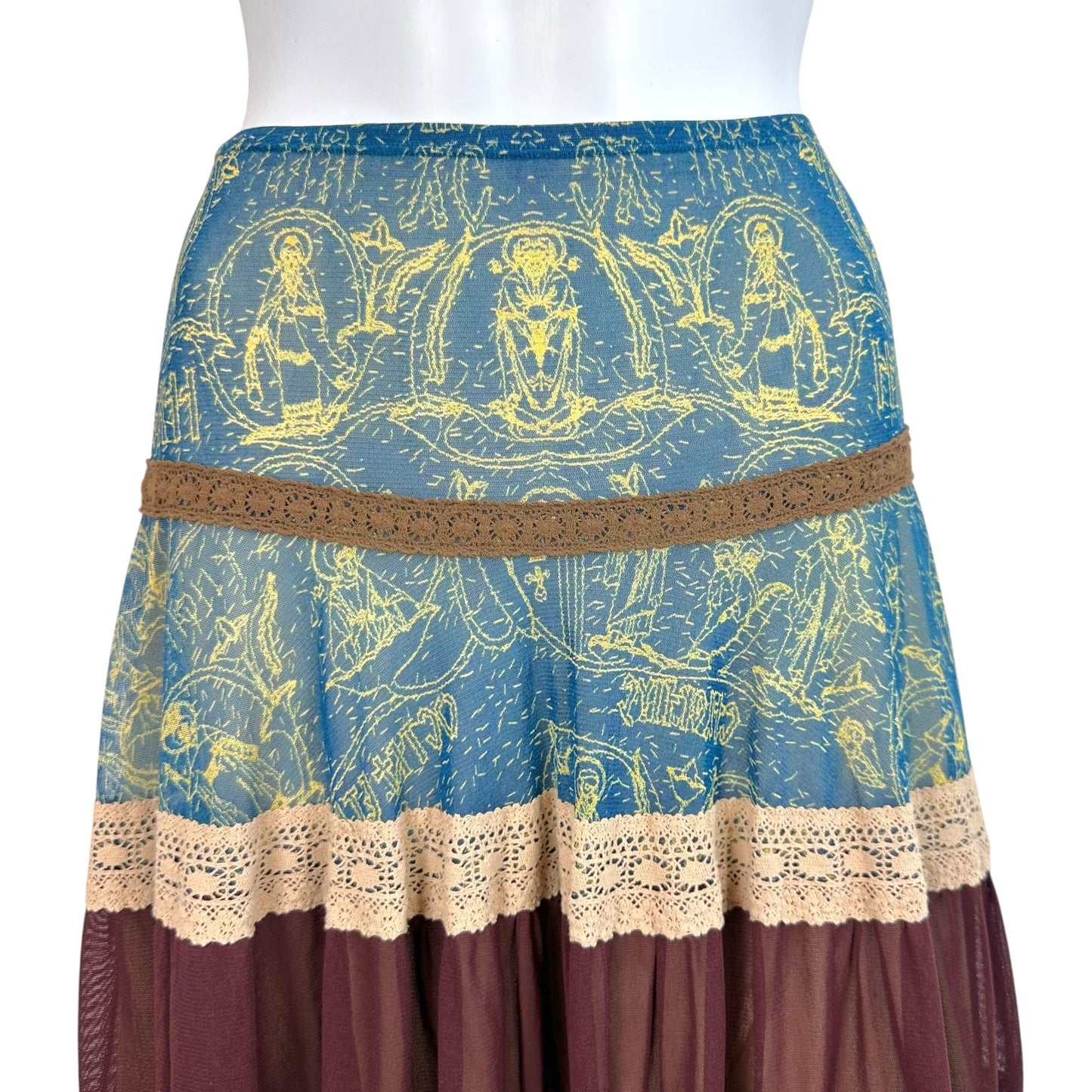 Jean Paul Gaultier Tiered Multi-Print Mesh Midi Skirt