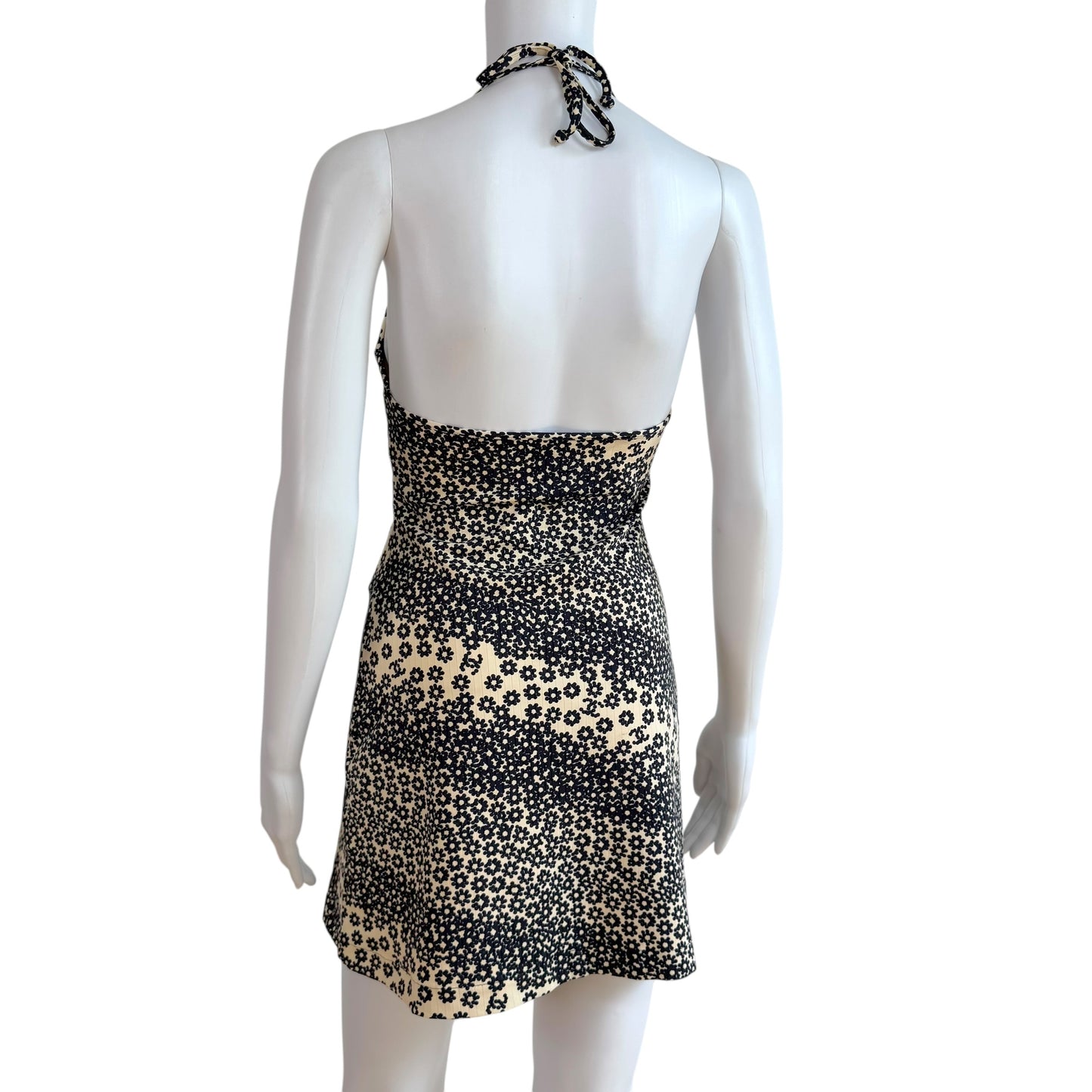 Chanel Spring 2003 Ivory & Navy Floral Print Logo Halter Mini Dress