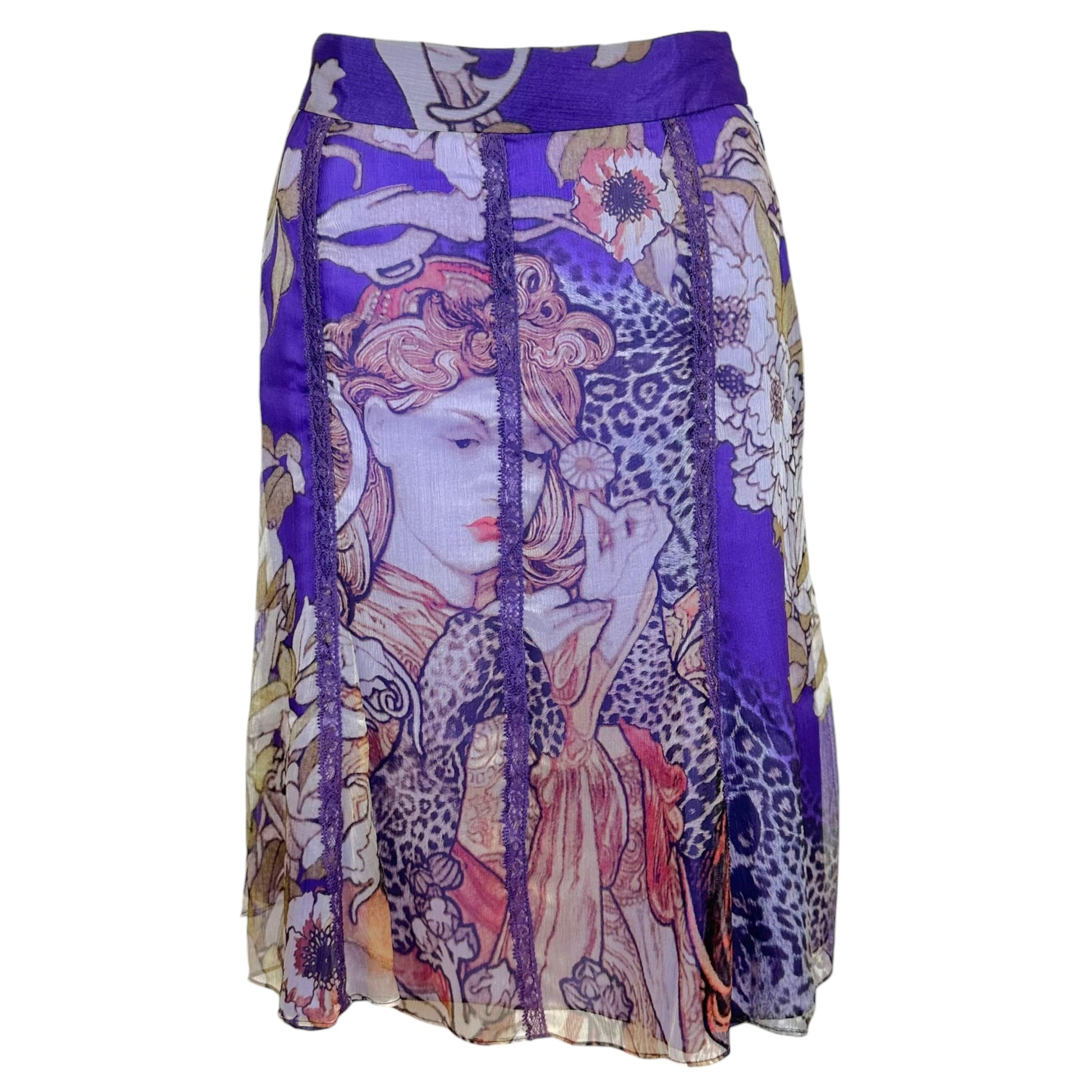 Roberto Cavalli Silk Midi Skirt Purple Floral Leopard Print