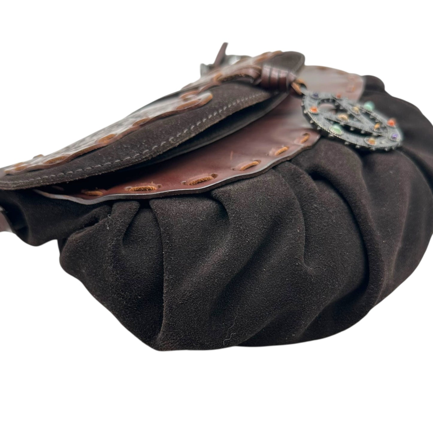 Valentino Garavani Brown Suede & Floral Embossed Leather Shoulder Bag