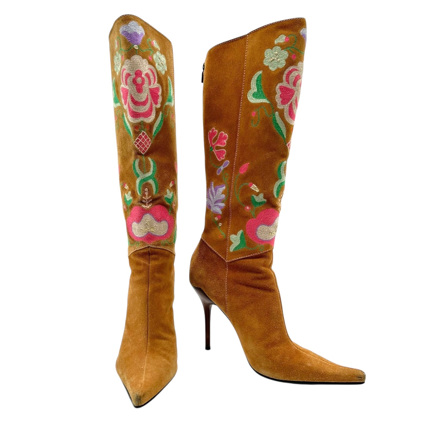 Casadei Tan Suede Floral Embroidered Heeled Boots