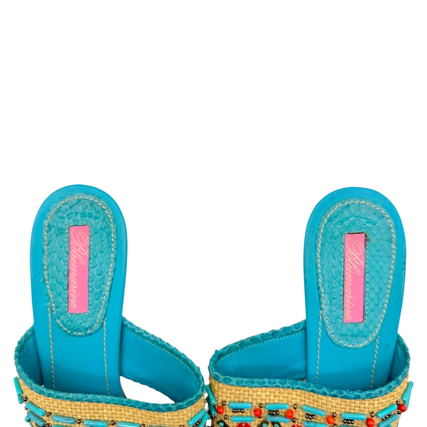 Blumarine Multicolor Beaded Raffia Kitten Heel Flip Flops