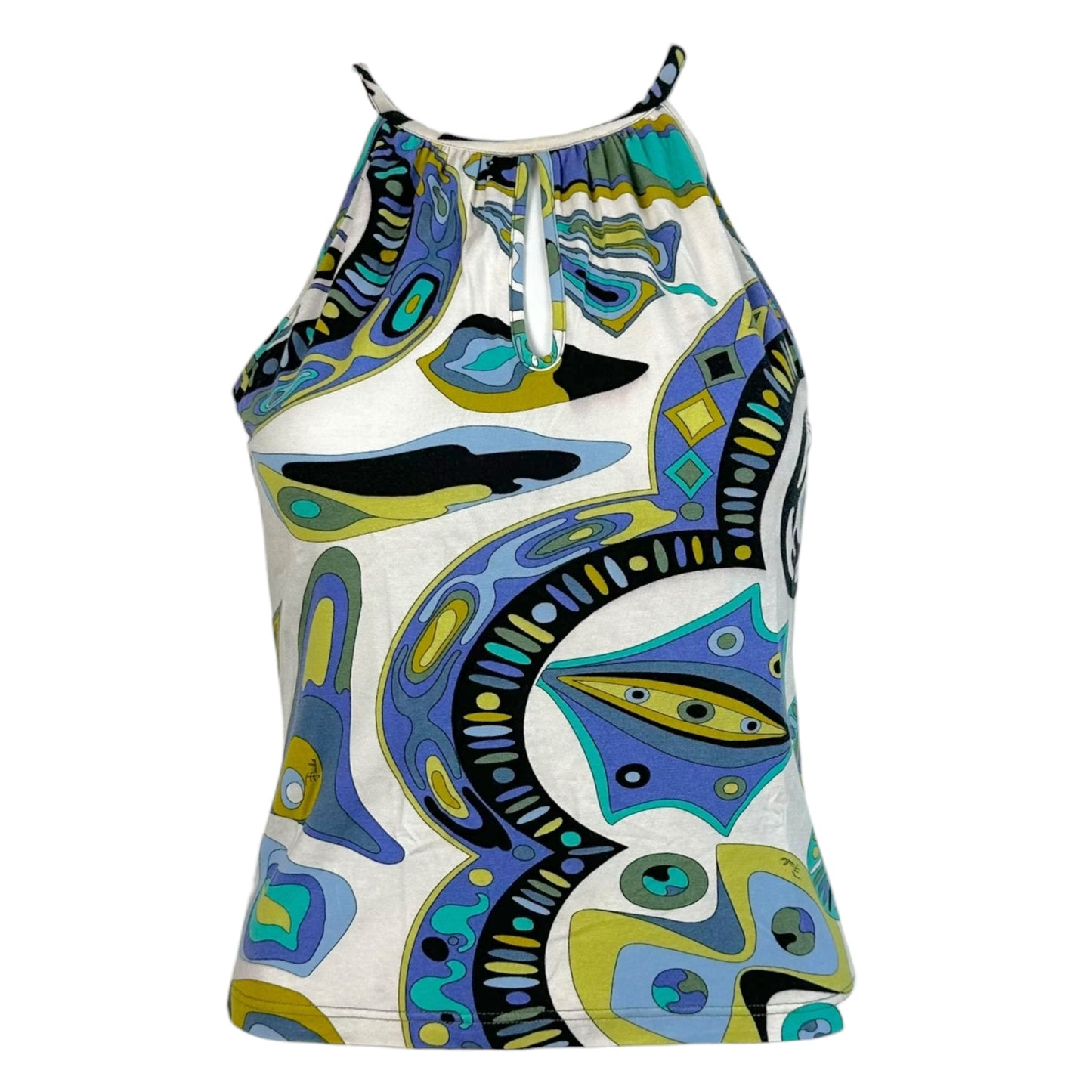 Emilio Pucci Blue & White Printed Keyhole Cut-Out Tank
