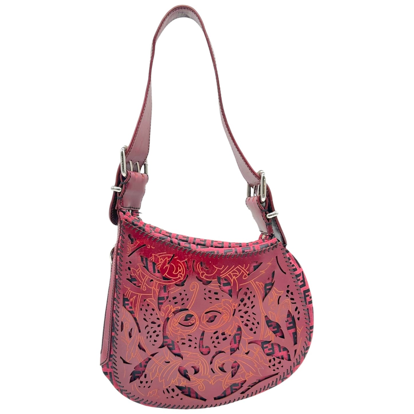 Fendi Red & Black Zucchino & Etched Leather Oyster Shoulder Bag