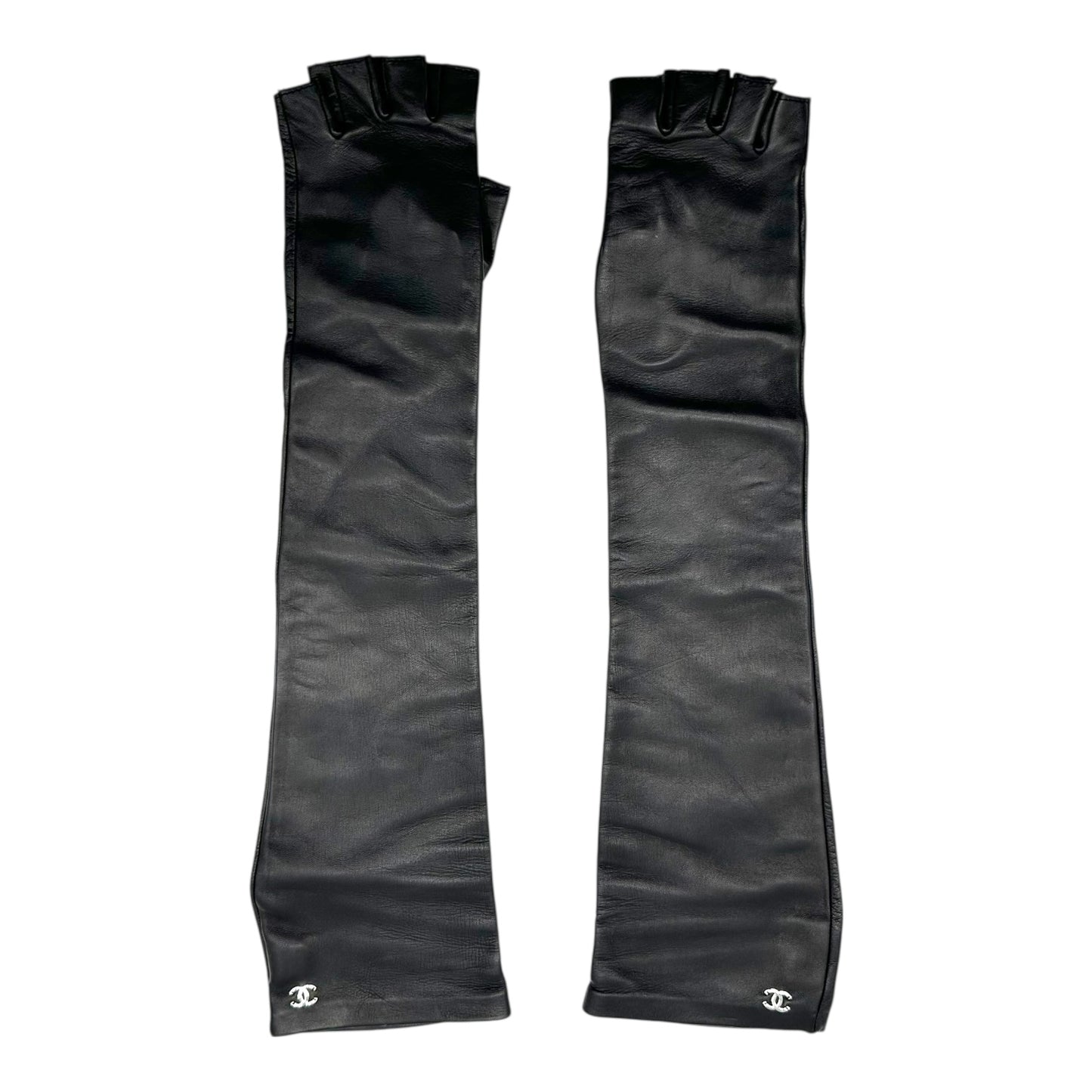 Chanel Black Leather Elbow Length Fingerless Gloves
