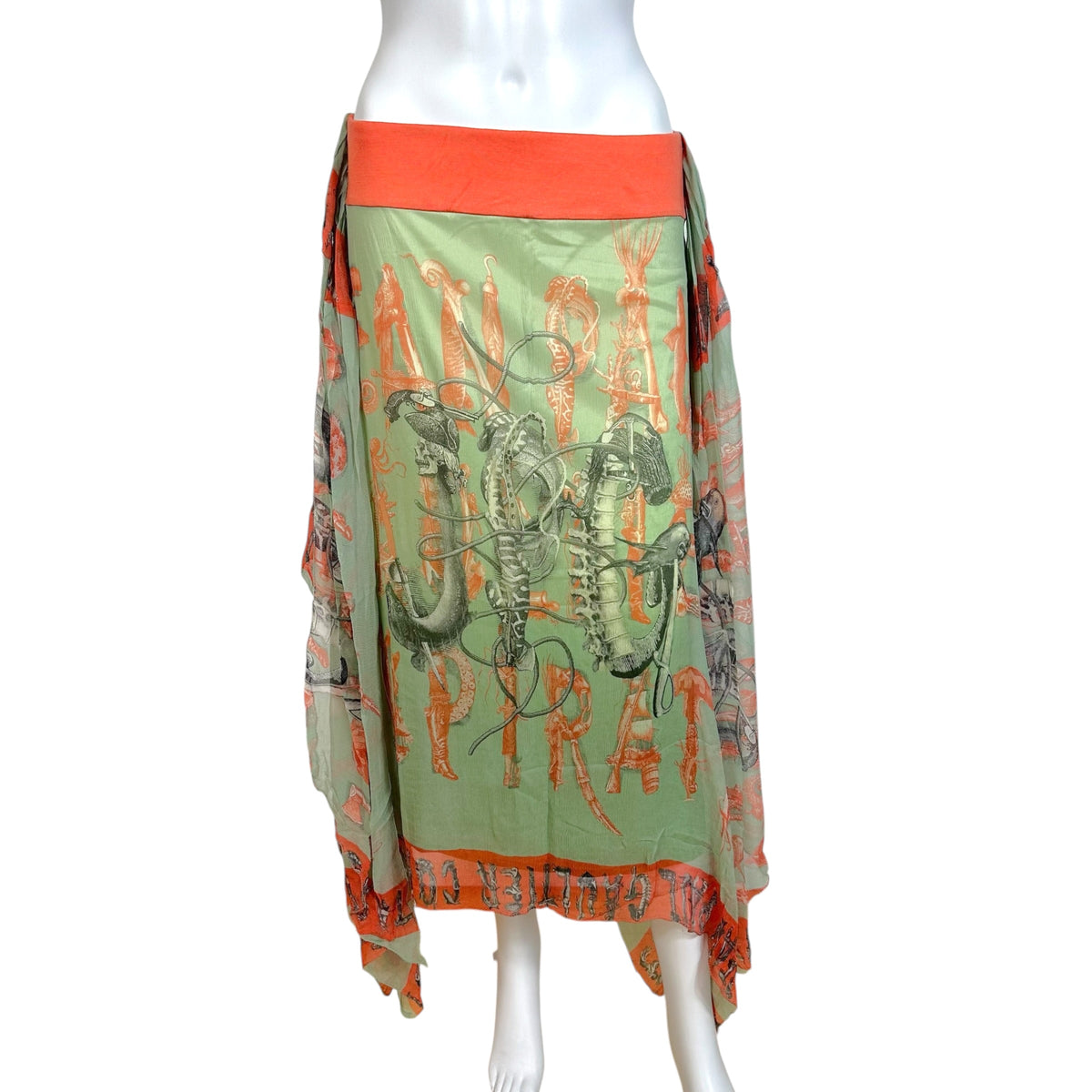 Jean Paul Gaultier Teal & Orange Printed Silk Flowy Midi Skirt