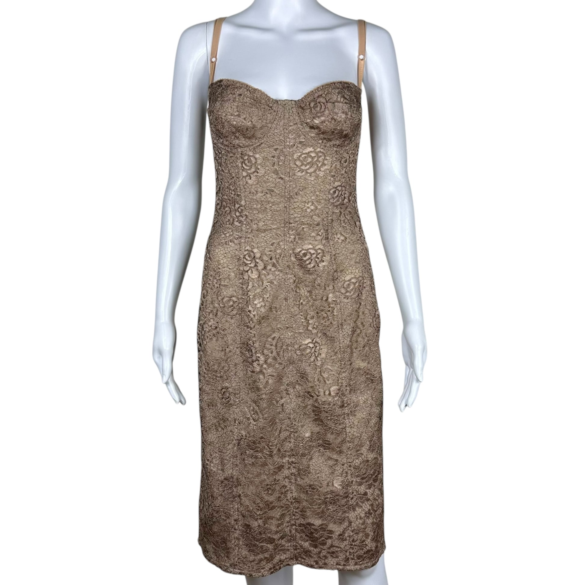 Dolce & Gabbana Tan Lace Corset Midi Dress - Outfit Repeater
