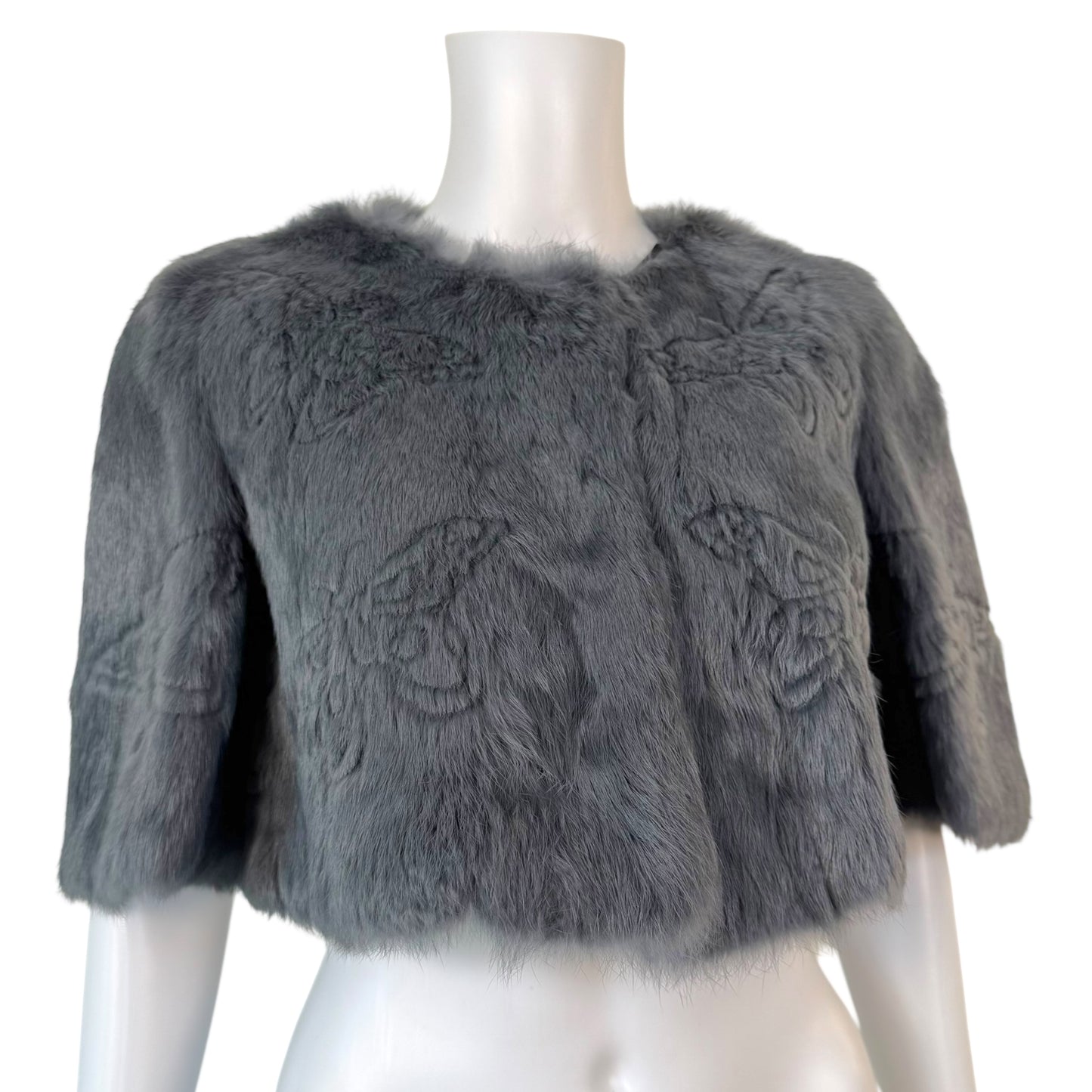 Galliano Gray Butterfly Print Rabbit Fur Cropped Jacket - Outfit Repeater