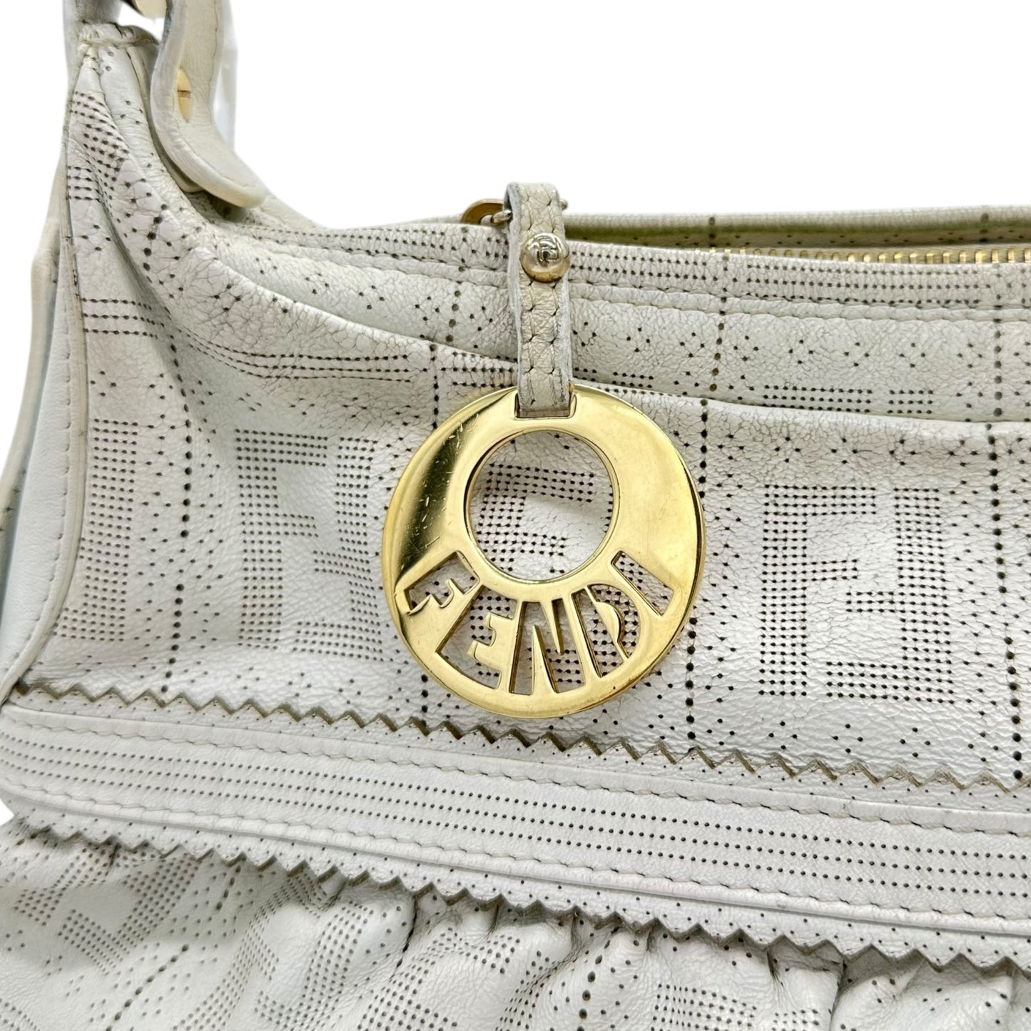 Fendi White Leather Perforated Zucca Monogram Large Chef Bag - Outfit Repeater