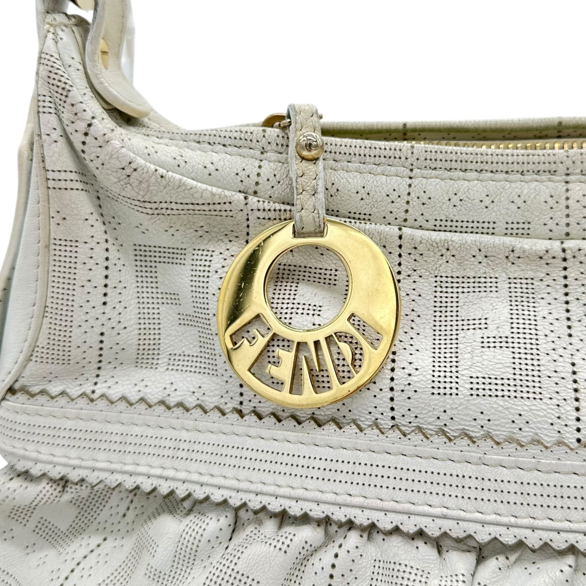 Fendi White Leather Perforated Zucca Monogram Large Chef Bag - Outfit Repeater