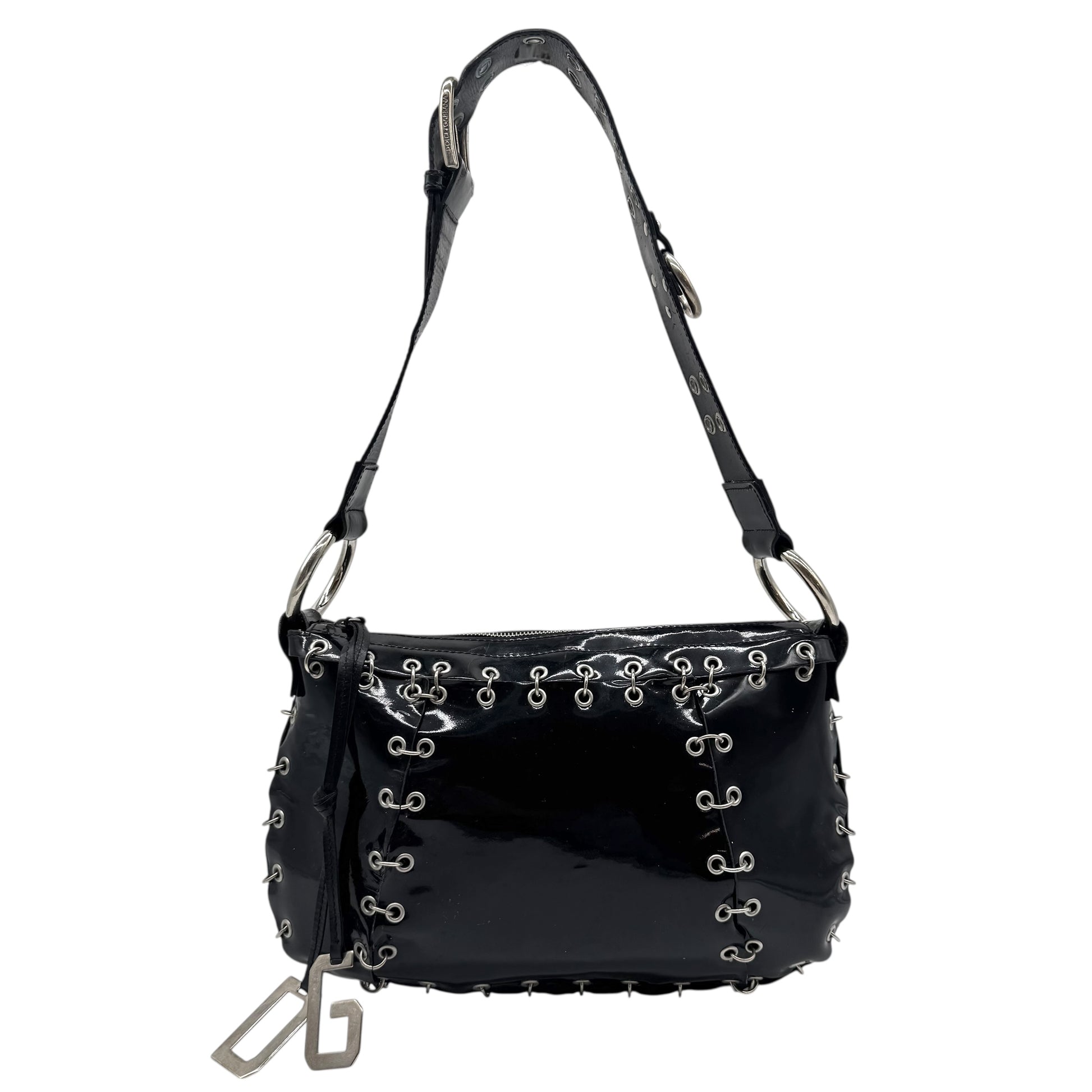 Dolce & Gabbana Black Patent Leather Pierced & Studded Shoulder Bag - Outfit Repeater