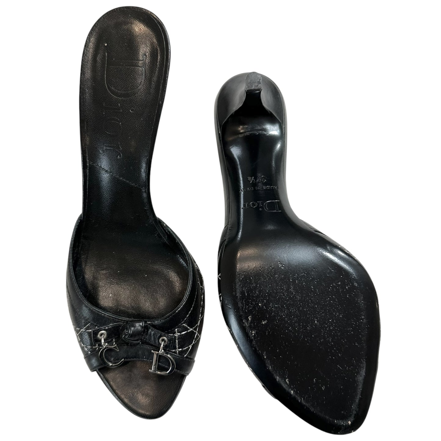 Christian Dior Black Leather Cannage Heeled Mule Sandals - Outfit Repeater