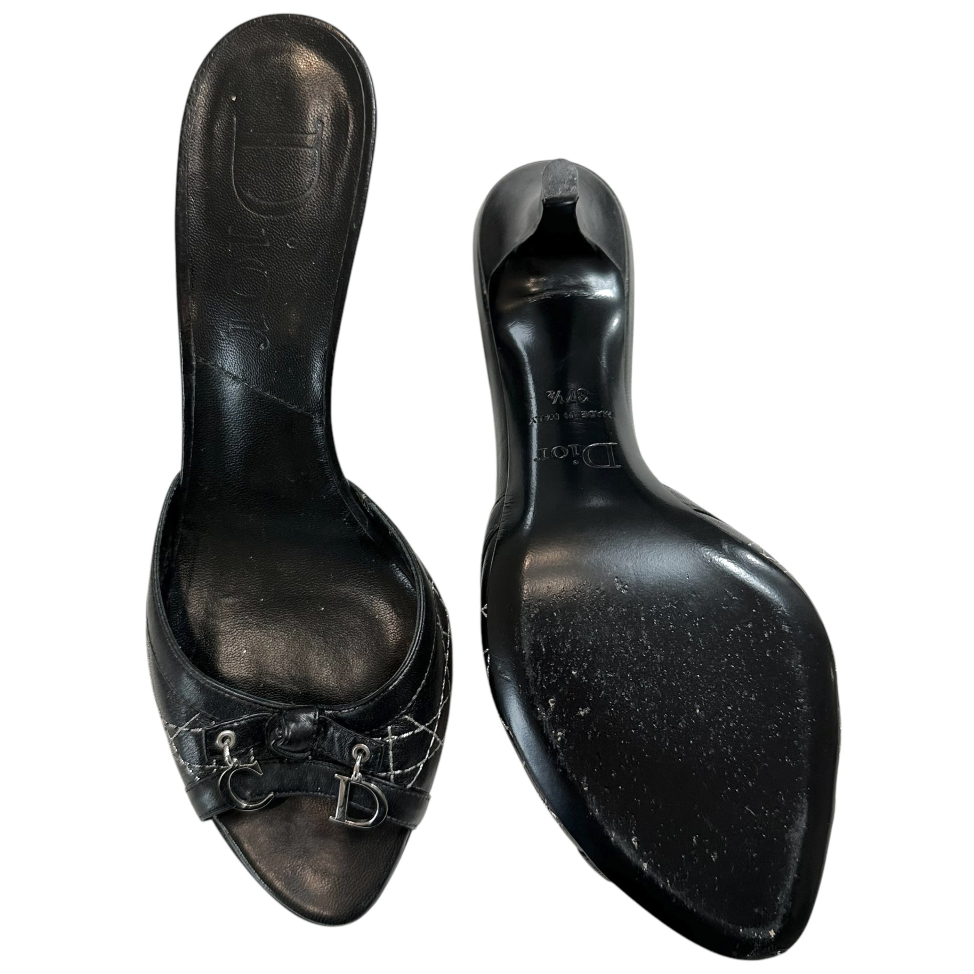 Christian Dior Black Leather Cannage Heeled Mule Sandals - Outfit Repeater