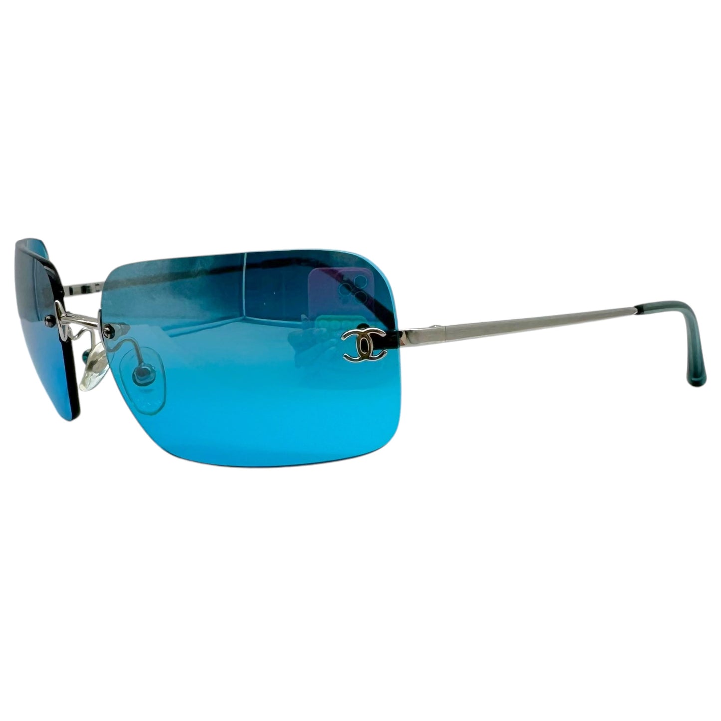 Chanel Rimless Rectangle Sunglasses Turquoise Silver