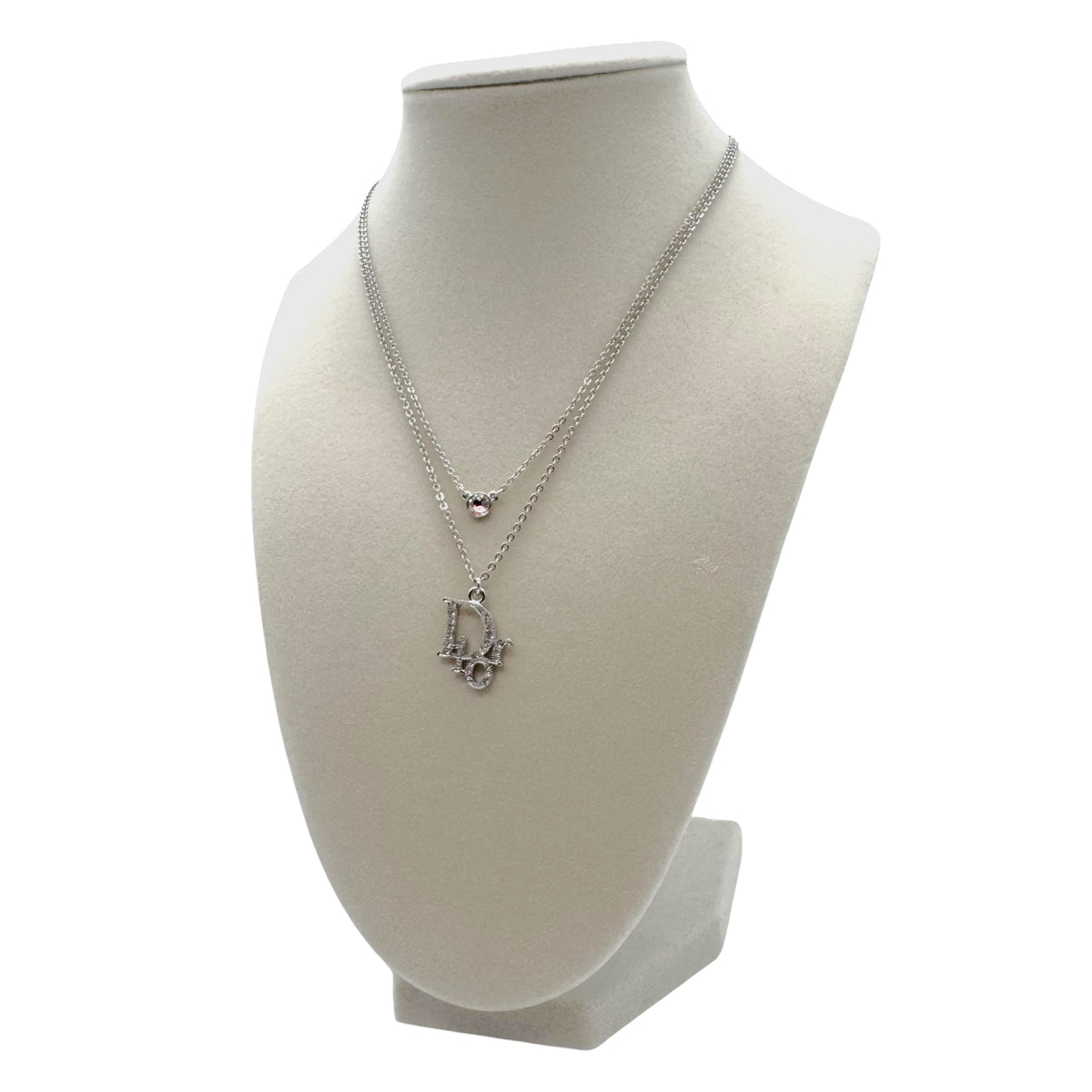 Christian Dior Silver Crystal Logo Charm Double Strand Necklace