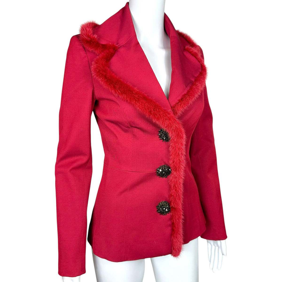 Blumarine Red Mini Jacket Fur Trim Crystal Buttons