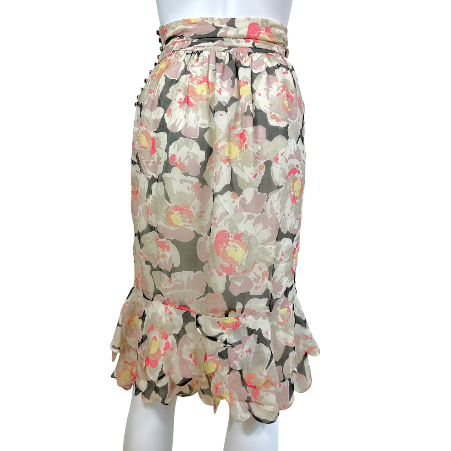 John Galliano Silk Floral Print Midi Skirt